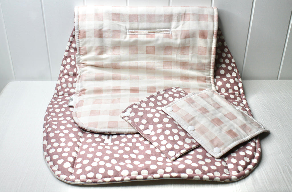 Dusty Pink Polka / Pink Check Reversible Pram Liner with Strap Covers