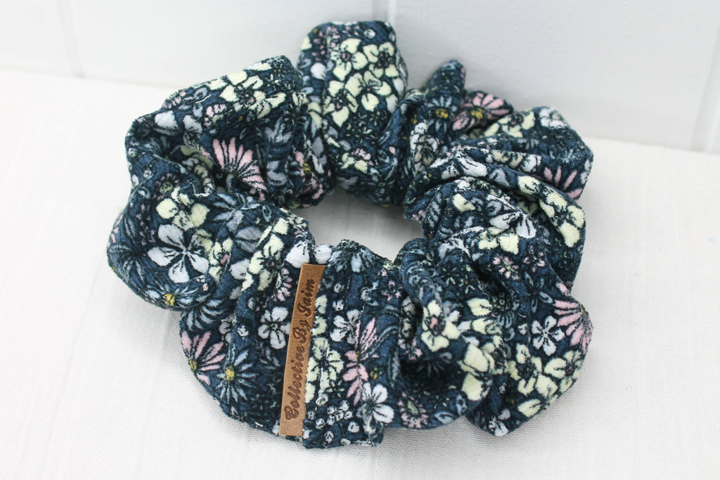 Medium Navy Floral Corduroy Scrunchie