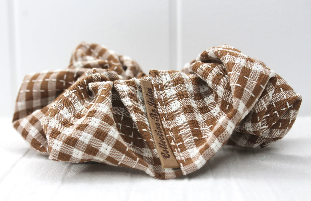 Small Tan Gingham Embroidered Scrunchie