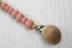 Pink Silicone & Beechwood Dummy Clip