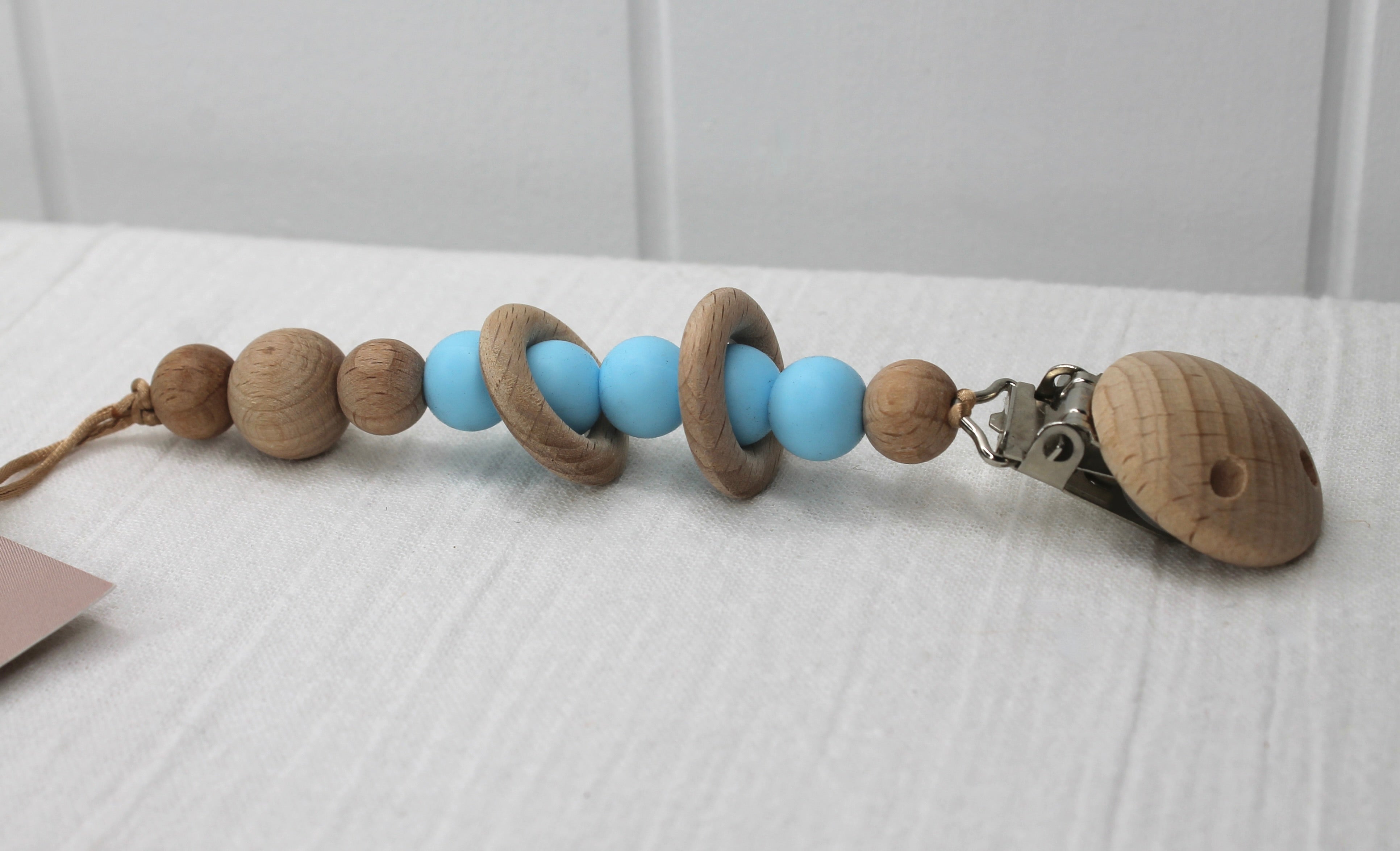 Baby Blue Silicone and Beechwood Rings Dummy Holder