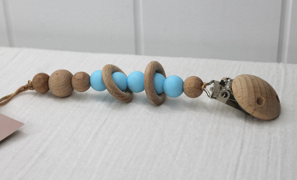 Baby Blue Silicone and Beechwood Rings Dummy Holder