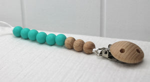 Teal Silicone and Beechwood Dummy Clip