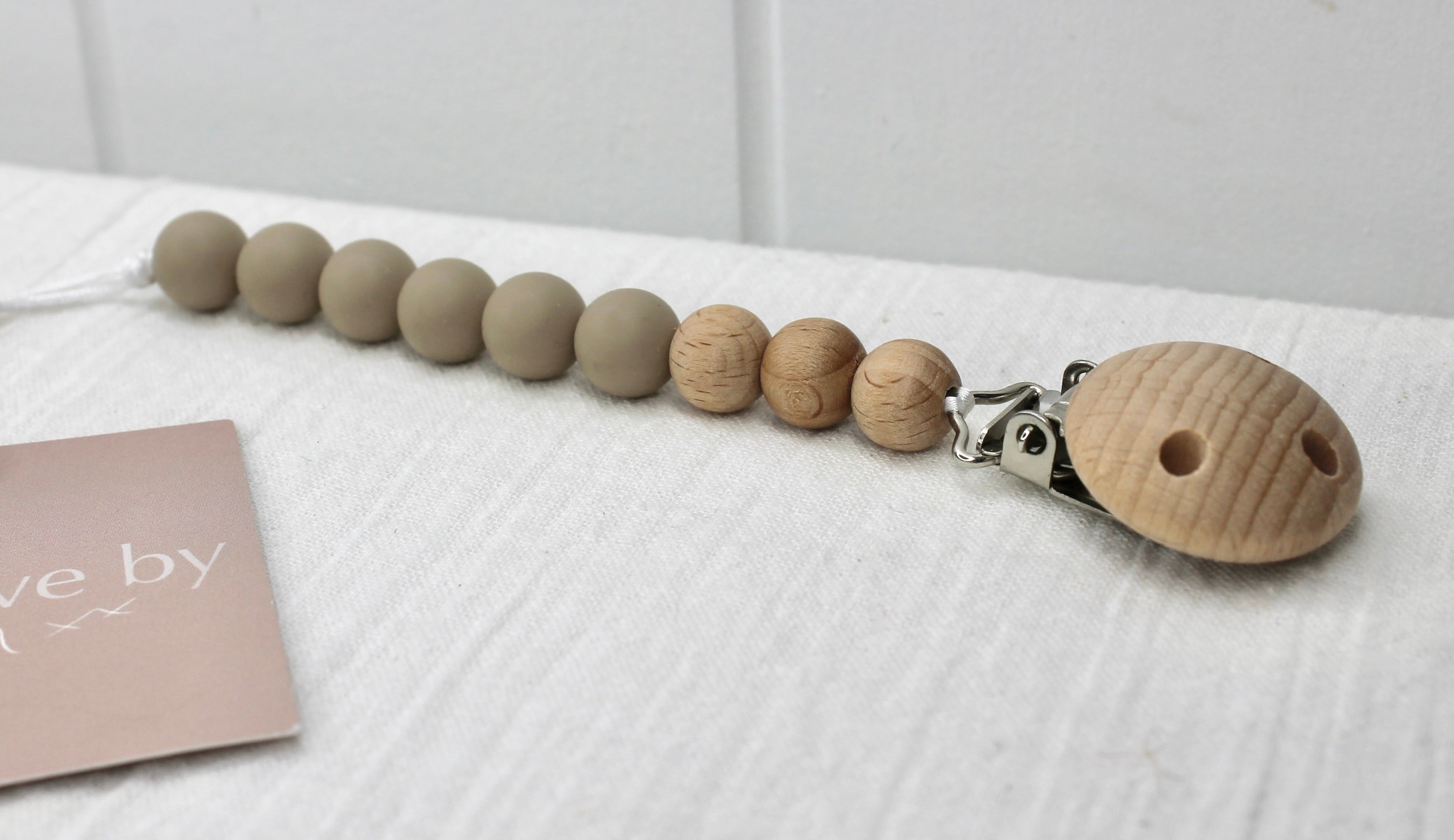 Beige Silicone and Beechwood Dummy Clip