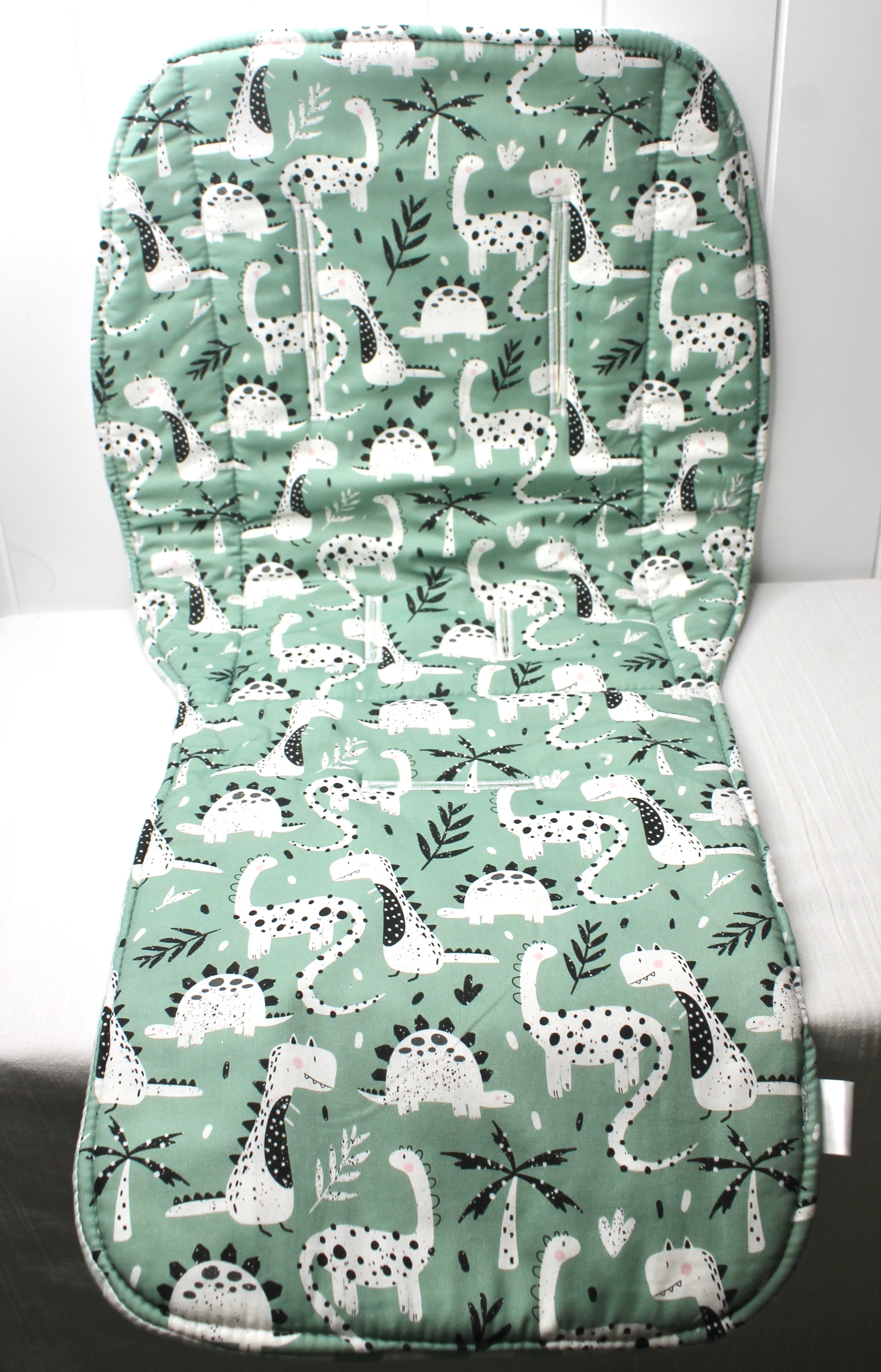 Dinosaur / Sage Check Reversible Pram Liner with Strap Covers