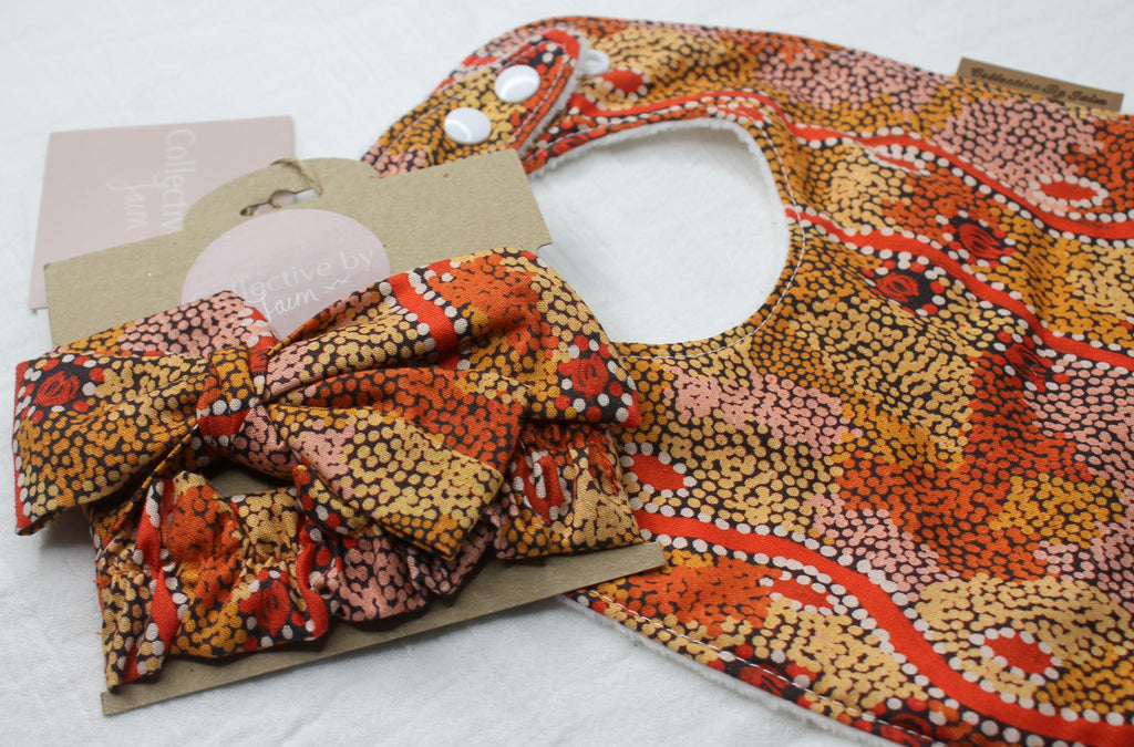 Indigenous Goanna Dreaming Bib & Headband Set with Cotton Velour Backing