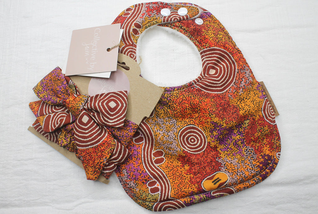 Indigenous Fire Country Dreaming Bib & Headband Set with Fleece Backing