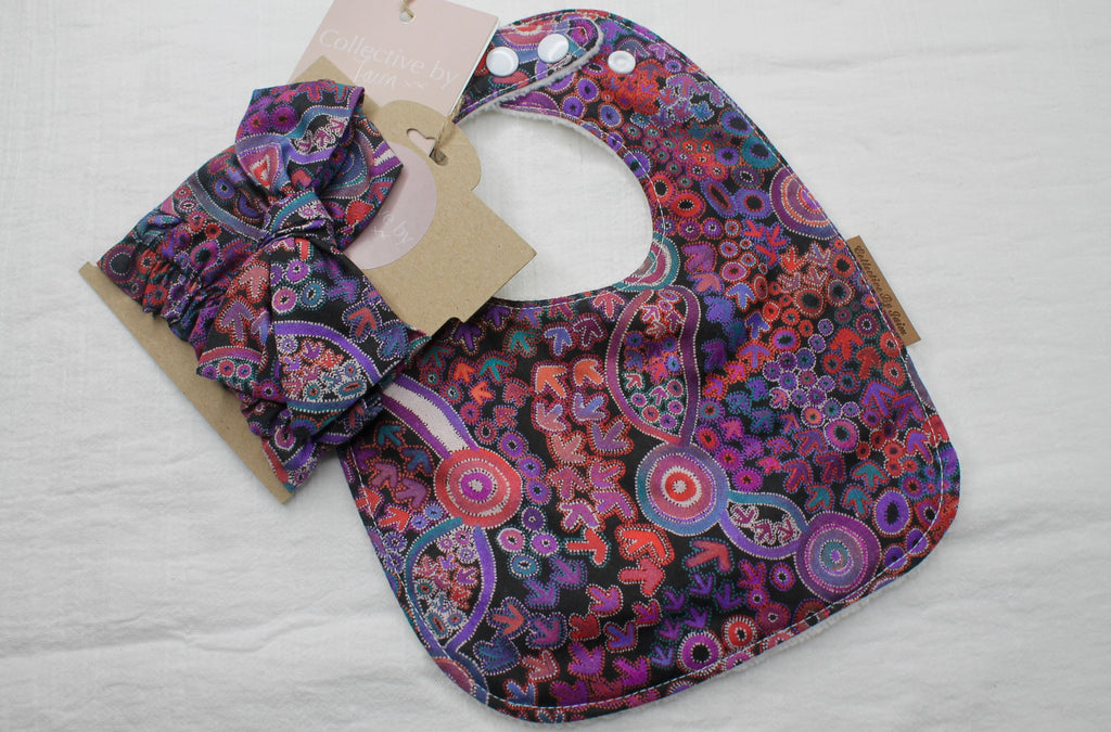 Indigenous Emu Dreaming Black Warlu Bib & Headband Set with Cotton Backing