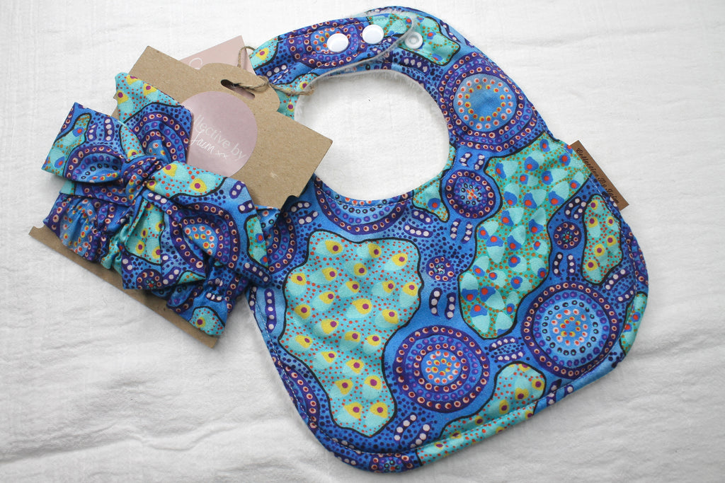 Indigenous Water Dreaming Blue Warlu Bib & Headband Set with Fleece Backing