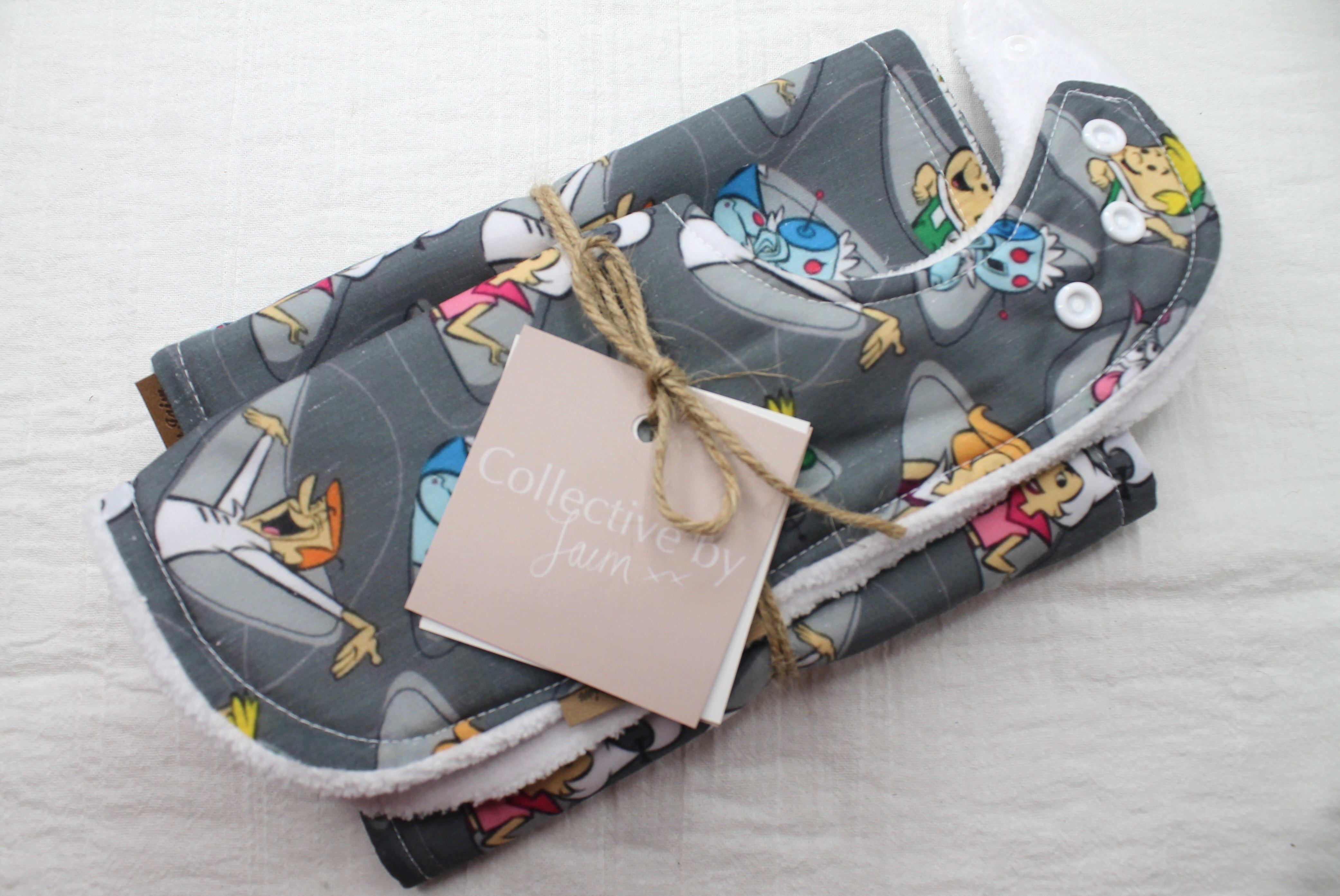 60's Character Bib & Burp Cloth Set with Cotton Velour Backing