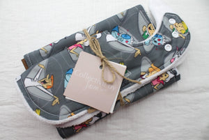 60's Character Bib & Burp Cloth Set with Cotton Velour Backing