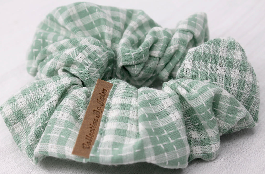 Small Sage Embroidered Gingham Scrunchie