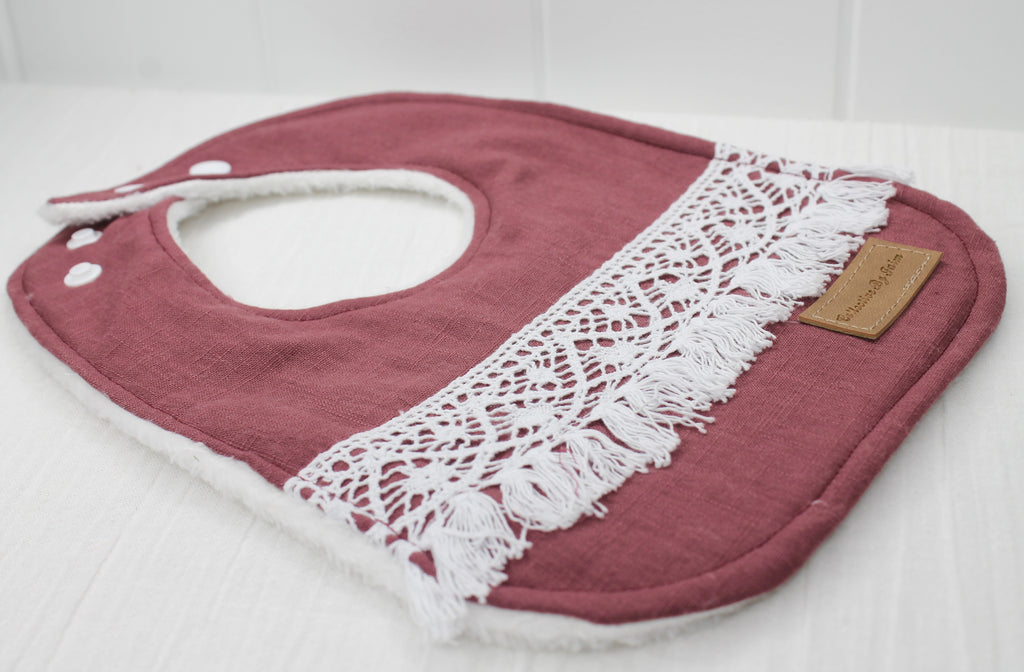 Maroon Linen Boho Lace Bib with Fleece Backing