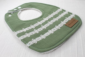 Sage Double Cloth Daisy Chain Lace Bib with Fleece Backing