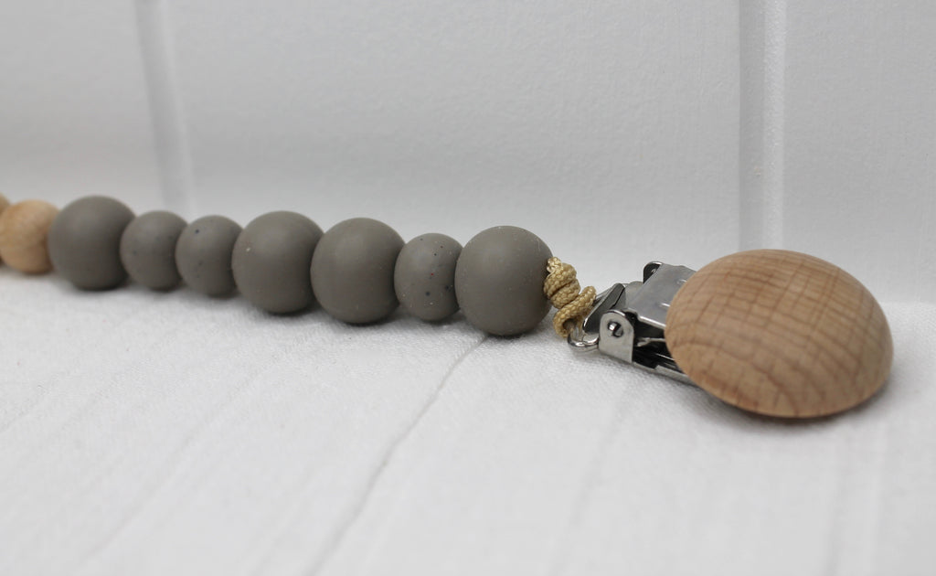 Grey Speckle Silicone & Beechwood Dummy Clip