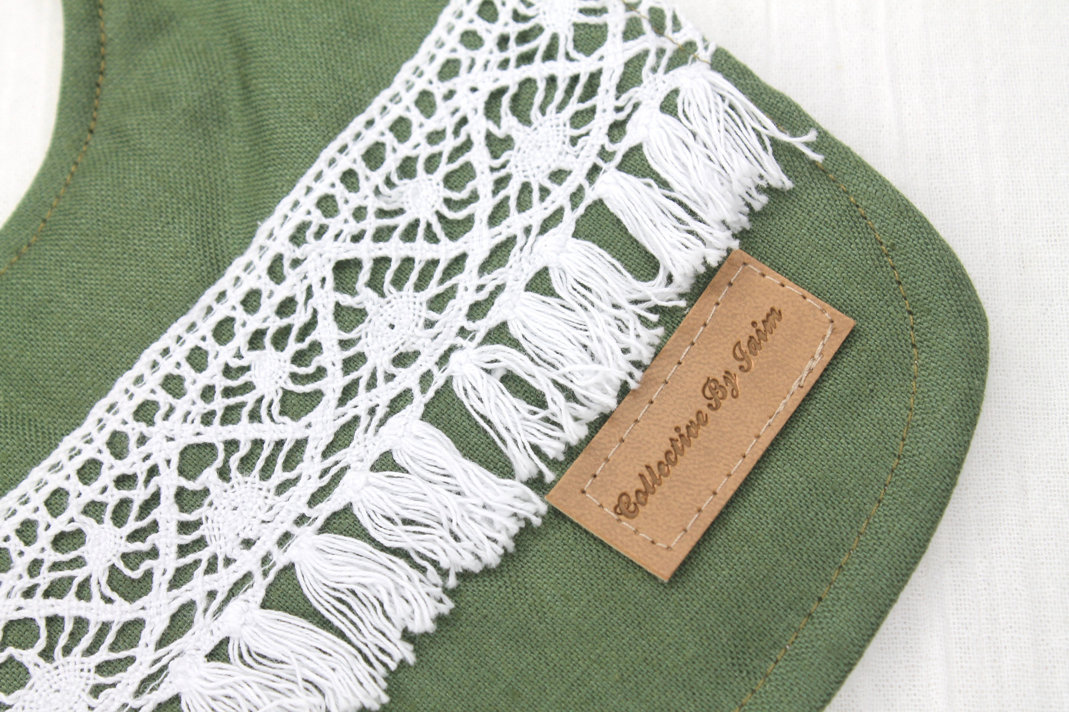 Khaki Linen Boho Lace Bib with Cotton Backing