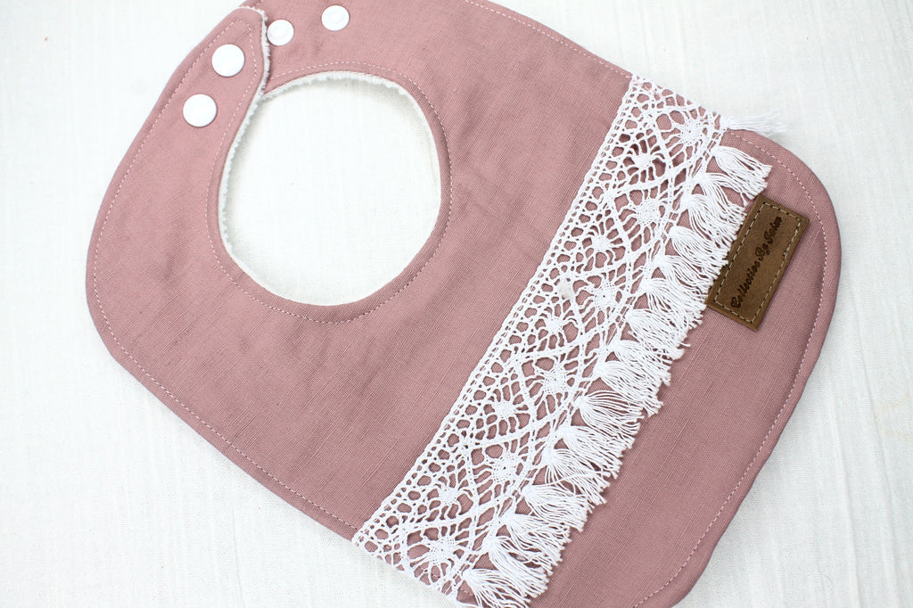 Dusty Pink Linen Boho Lace Bib with Cotton Backing