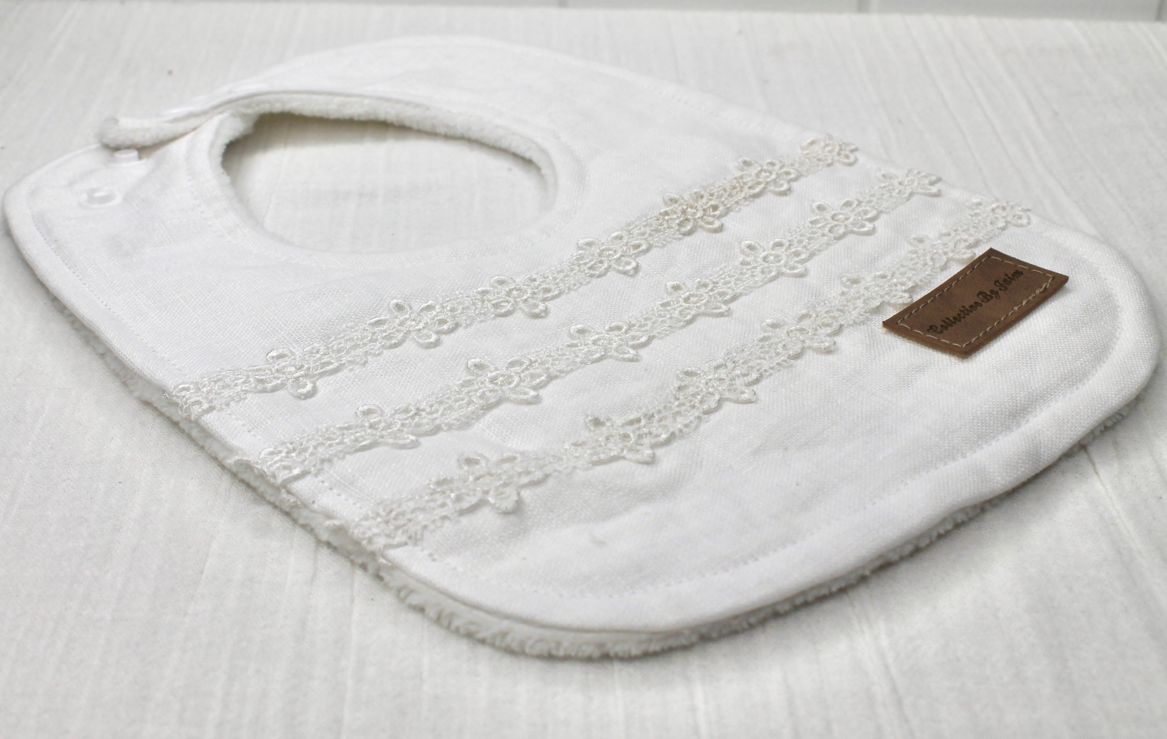 White Linen Daisy Chain Lace Bib with Fleece Backing