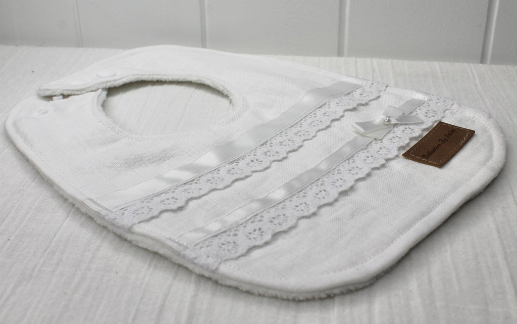 White Linen Satin Ribbon Floral Lace Bib with Fleece Backing