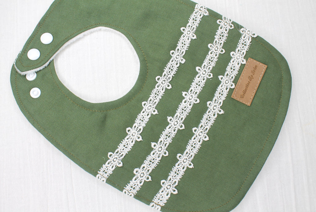 Khaki Linen Daisy Chain Lace Bib with Cotton Backing