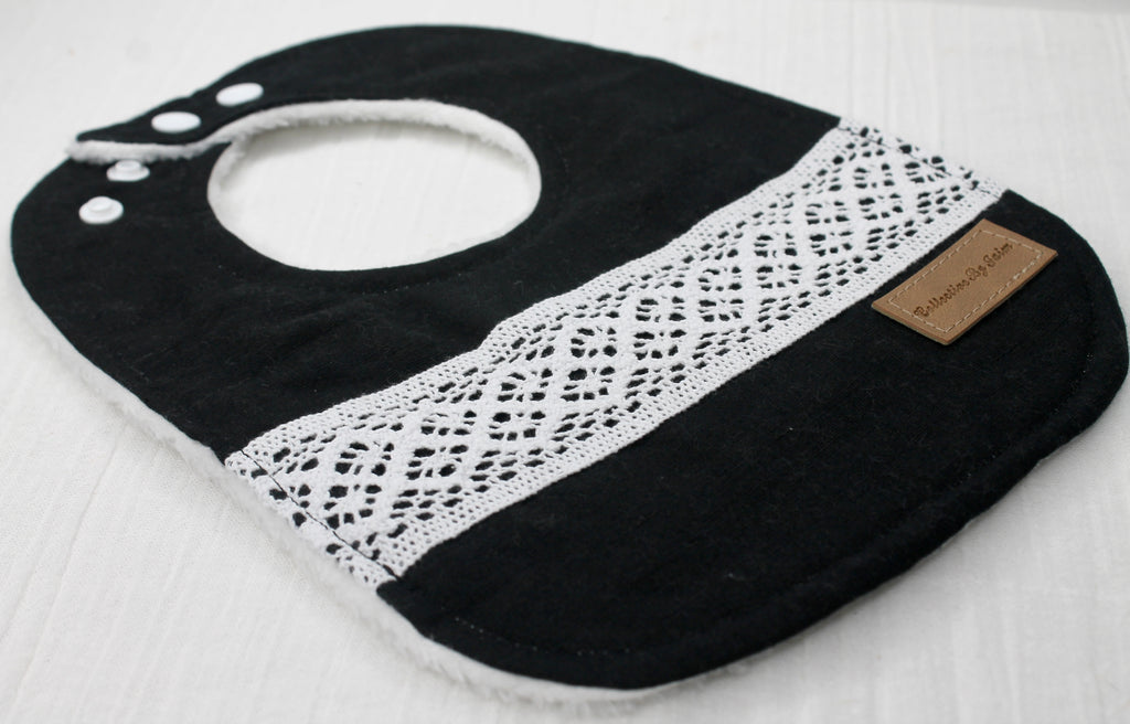 Black Linen Patterned Lace Bib with Fleece Backing