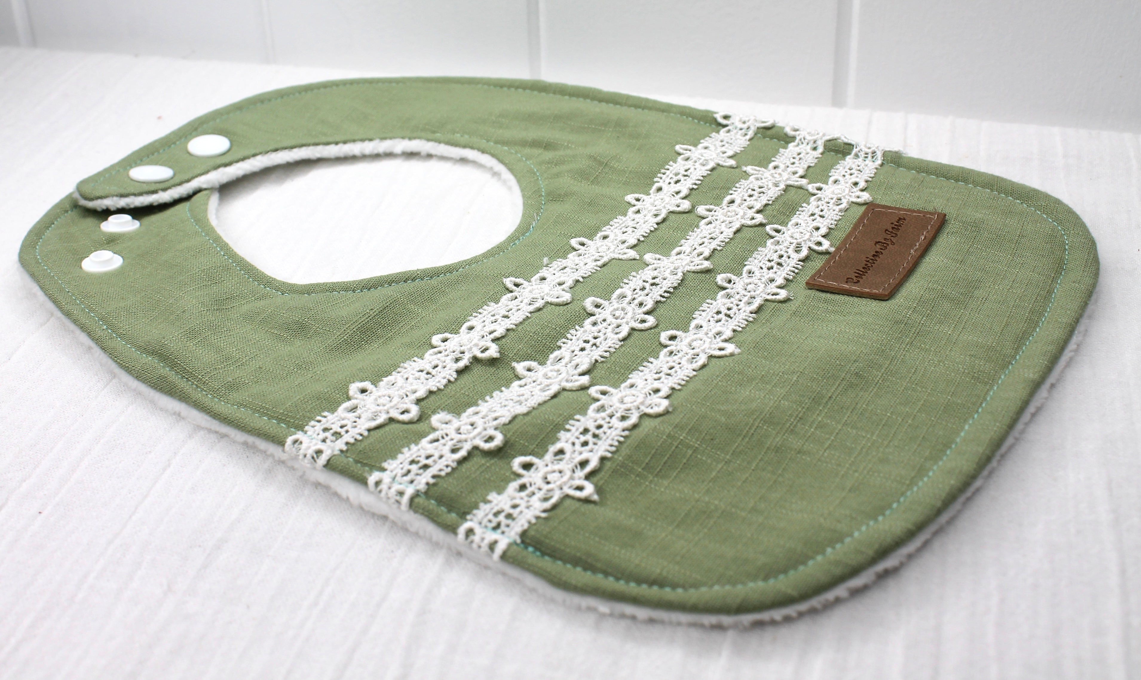 Sage Linen Daisy Chain Lace Bib with Cotton Backing