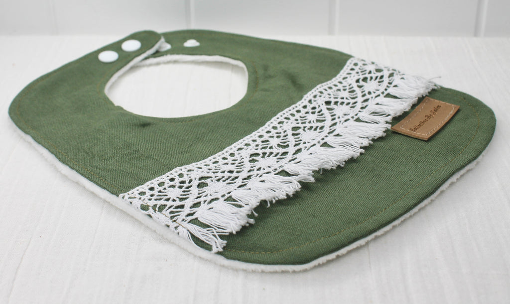 Khaki Linen Boho Lace Bib with Cotton Backing