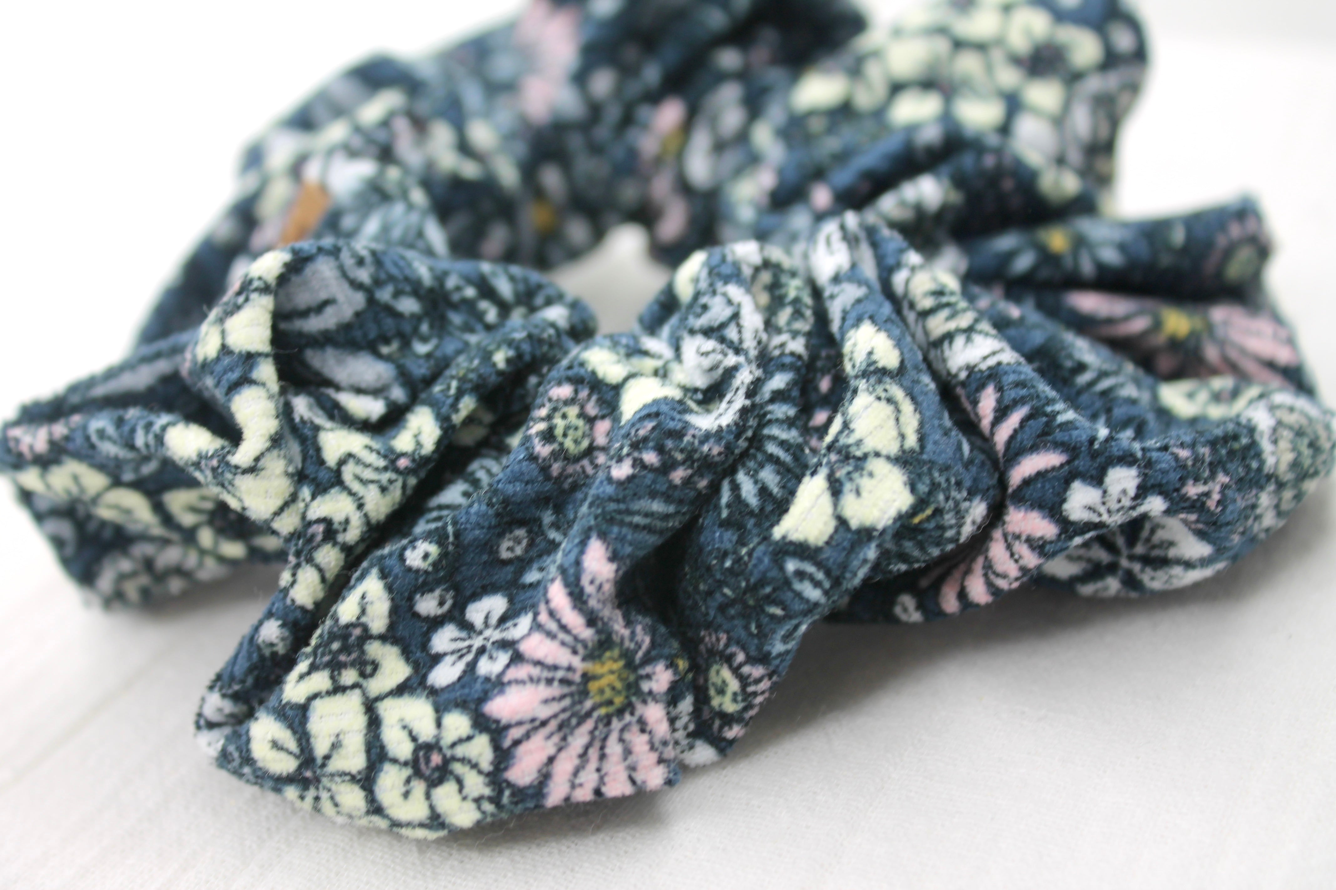 Small Navy Floral Corduroy Scrunchie