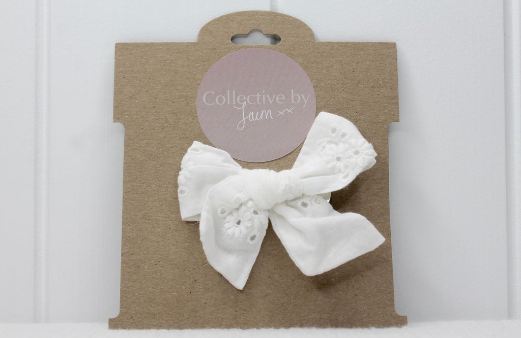 White Embroidered Cotton Bow Clip