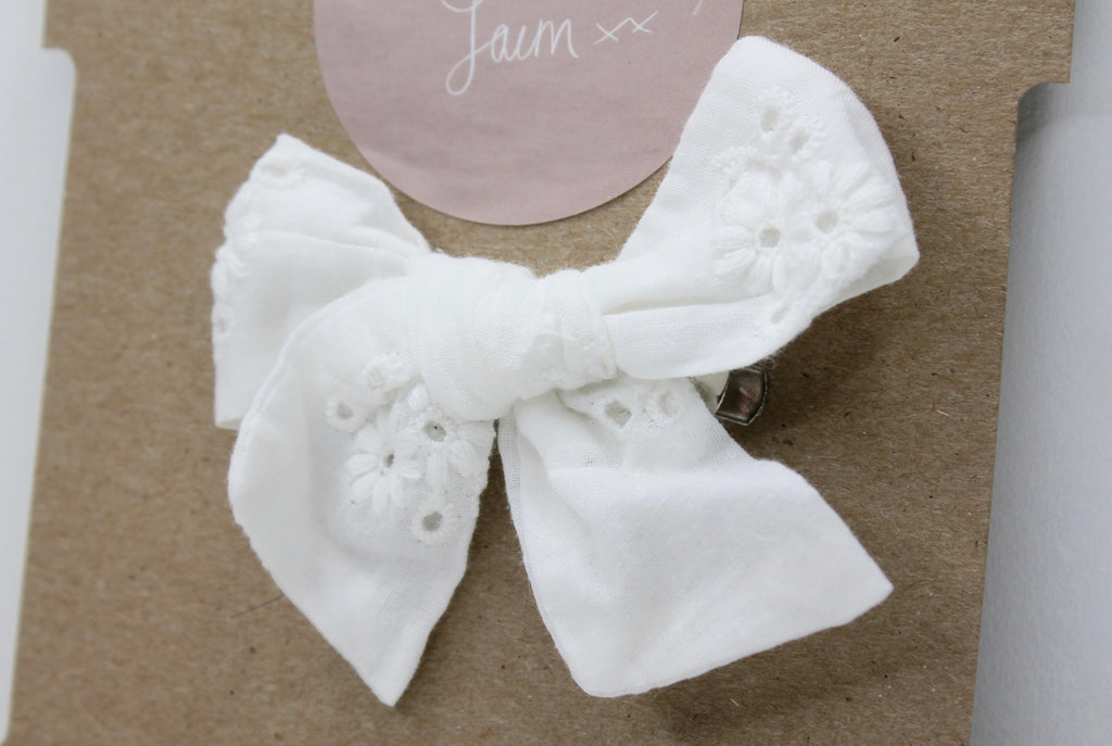 Cream Embroidered Cotton Bow Clip