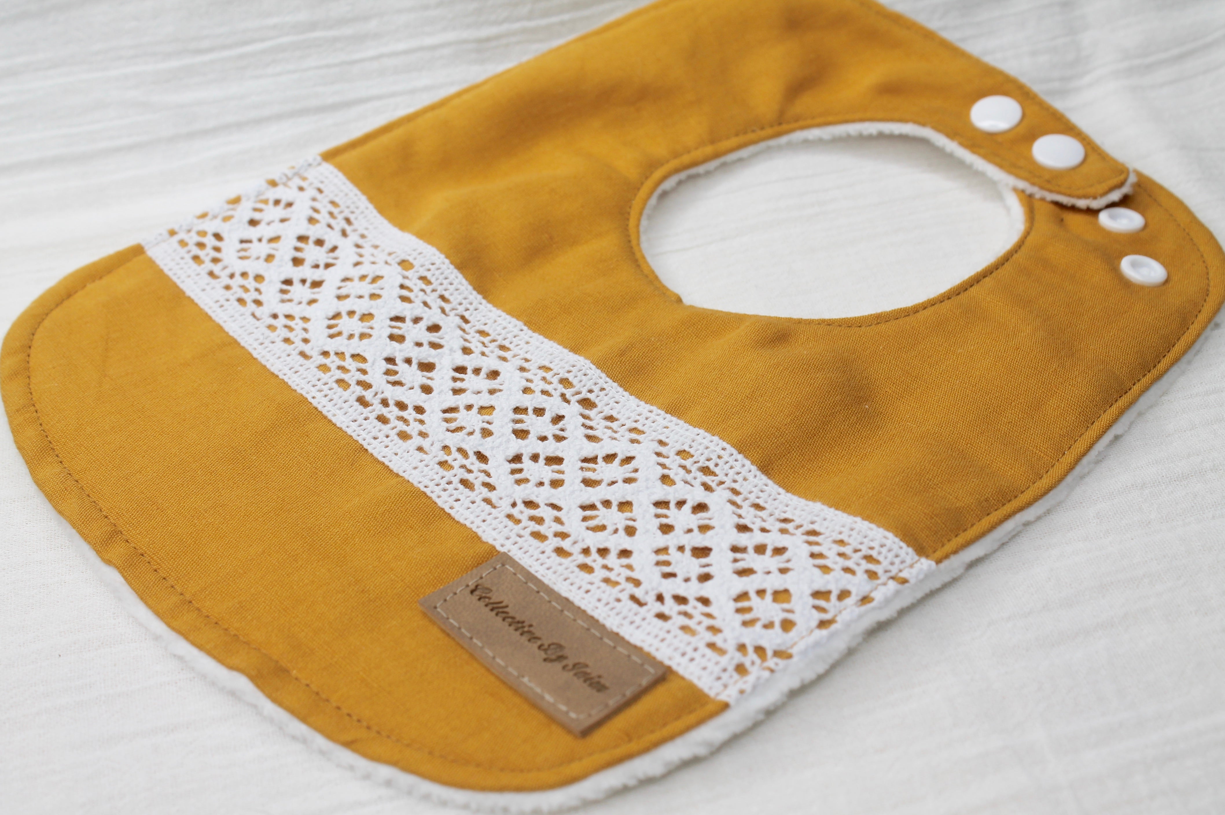 Mustard Linen Pattern Lace Bib with Cotton Backing