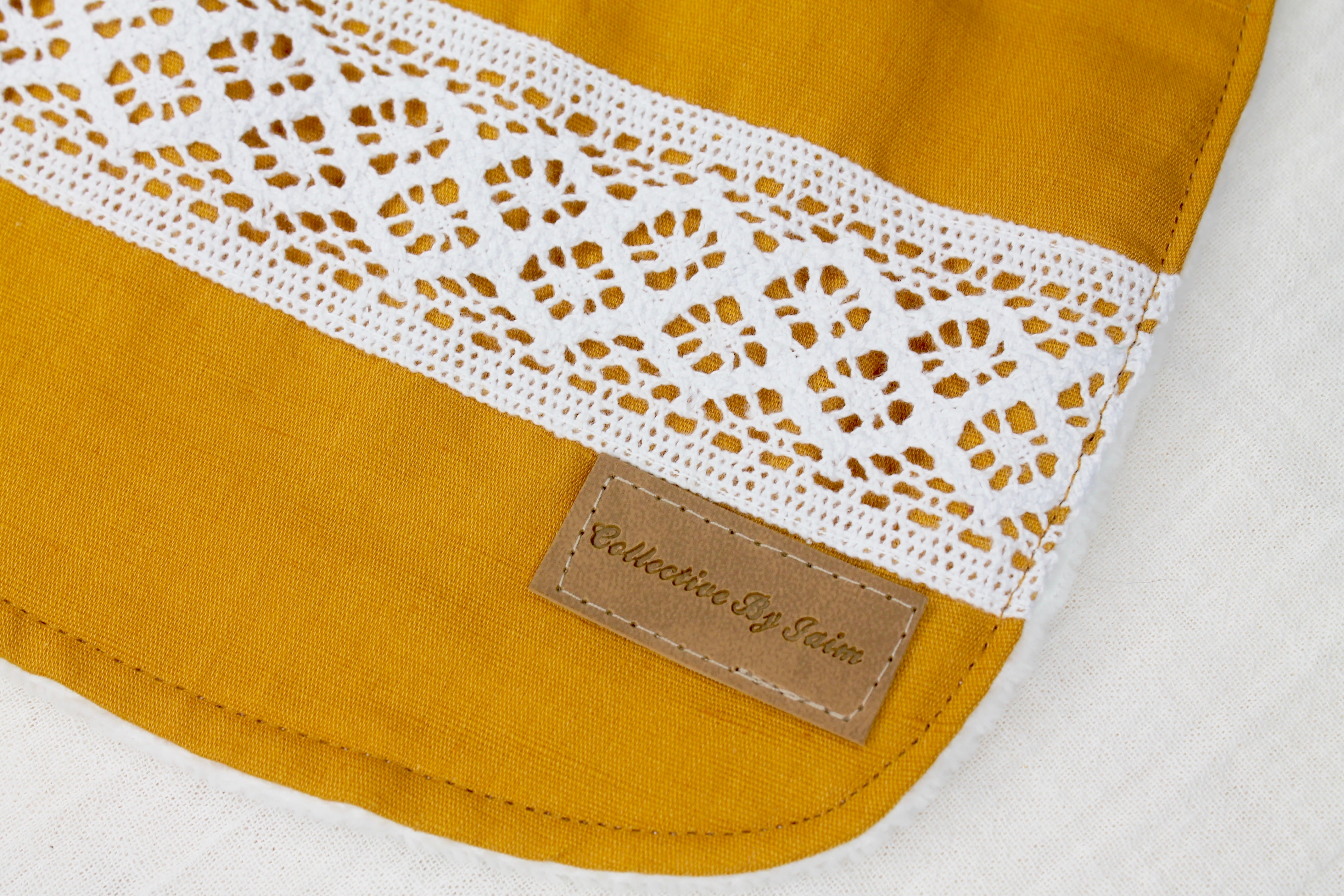 Mustard Linen Pattern Lace Bib with Cotton Backing