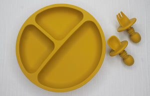 Mustard Silicone Divider Plate Spoon & Fork Set