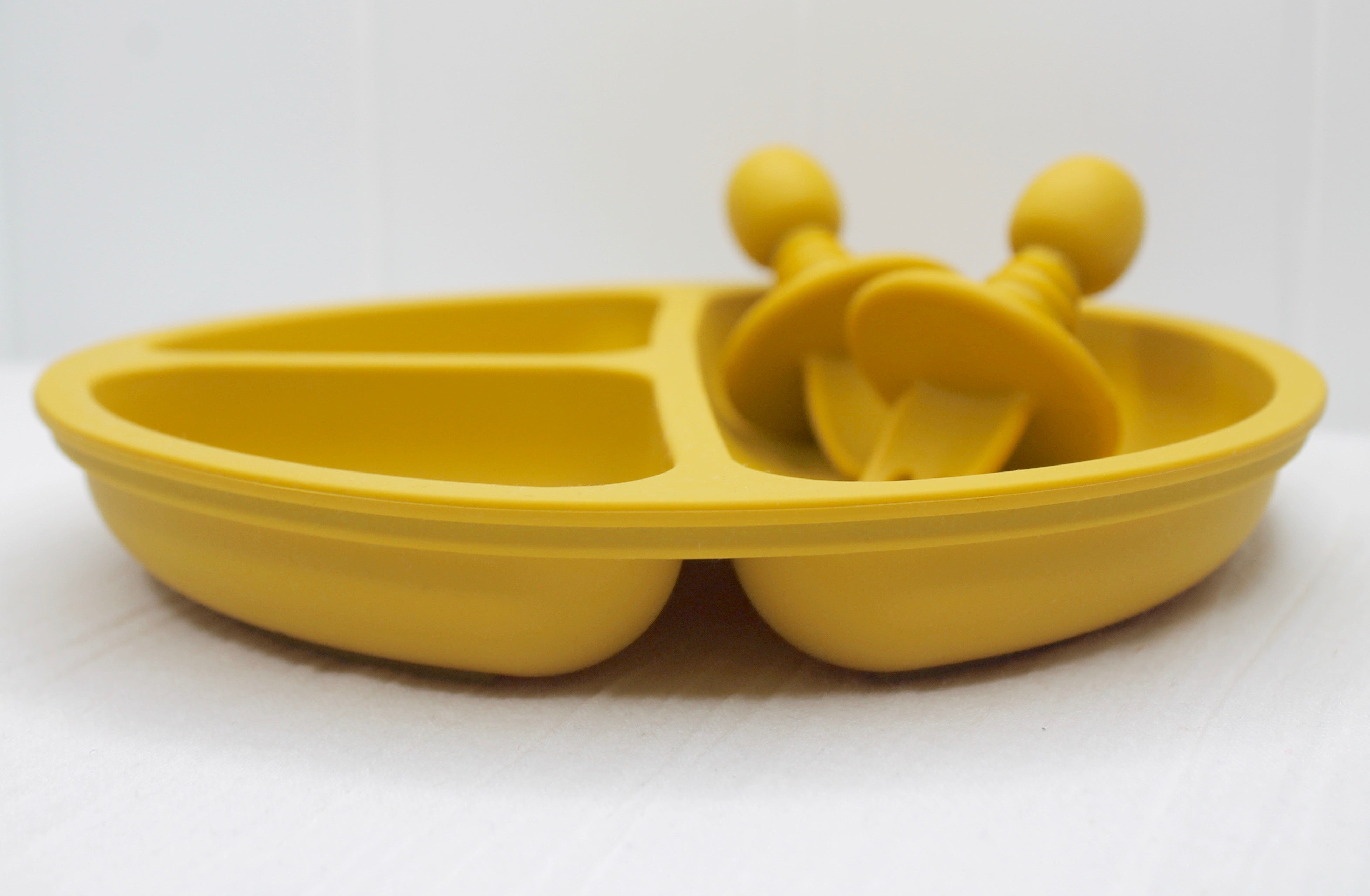 Mustard Silicone Divider Plate Spoon & Fork Set